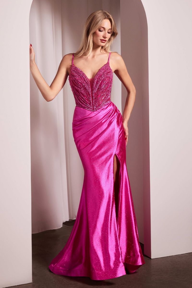 Pearl Embellished Stretch Satin Glimmering Gown-2