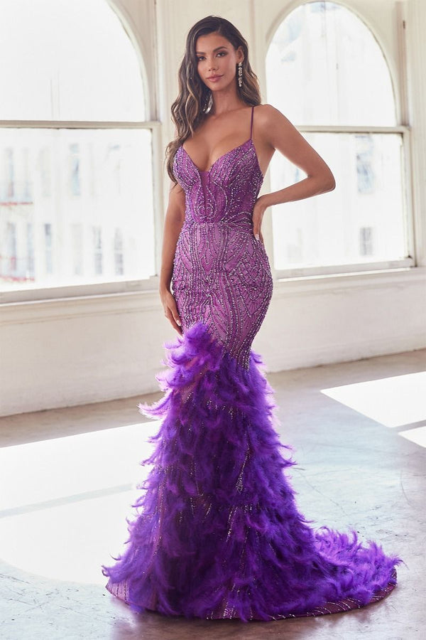 Fully Embellished & Feathered Mermaid Gown-7