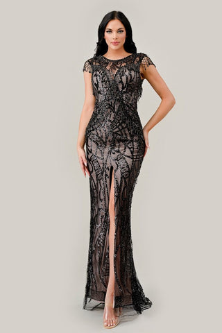 Black-Nude Sheath Sequin Gown-0