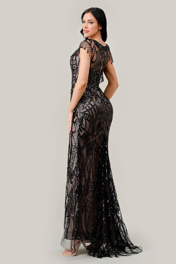 Black-Nude Sheath Sequin Gown-1