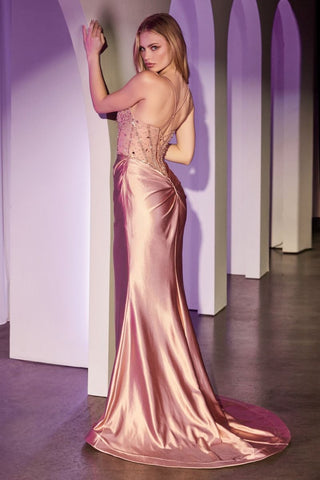 Fitted Rose Gold Satin Dress With Beaded Bodice-1