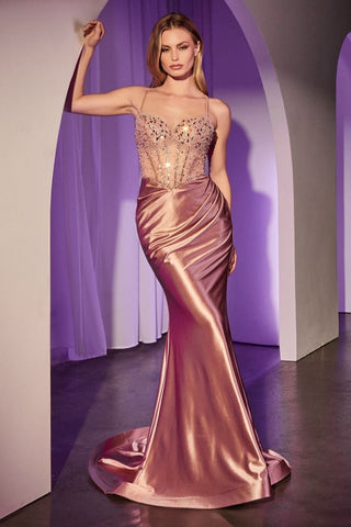 Fitted Rose Gold Satin Dress With Beaded Bodice-0