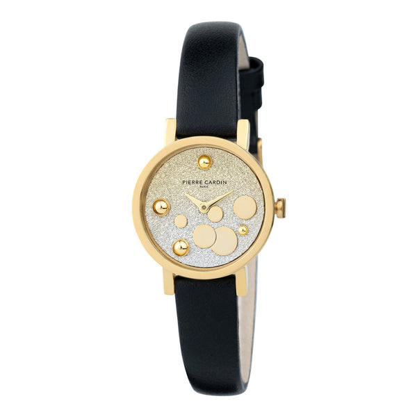 PIERRE CARDIN Women's Watch with Gold Stainless Steel Case and Black Leather Band-0