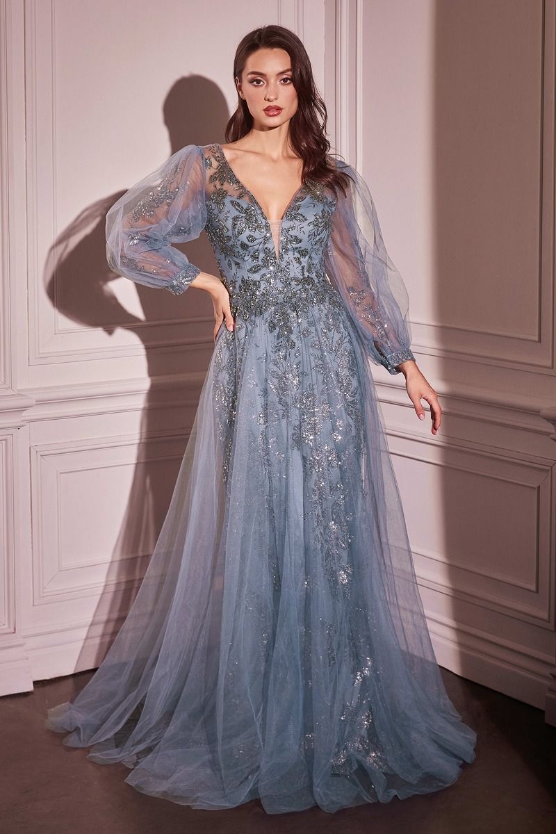 Long Sleeve Layered Tulle A-Line Gown-0