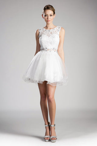 A-line short dress with high lace neckline and layered skirt.-0