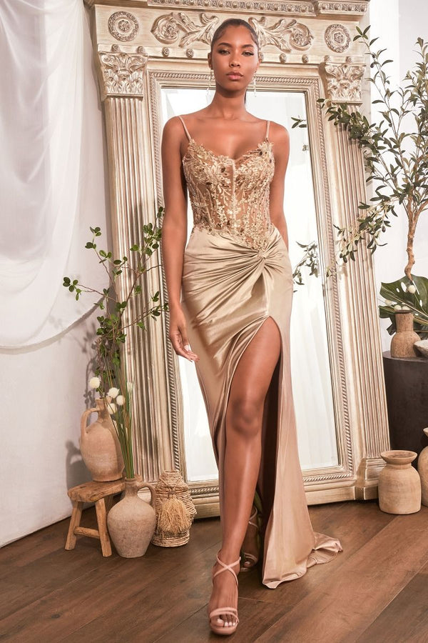 Fitted Satin Gown With Embellished Bodice-3