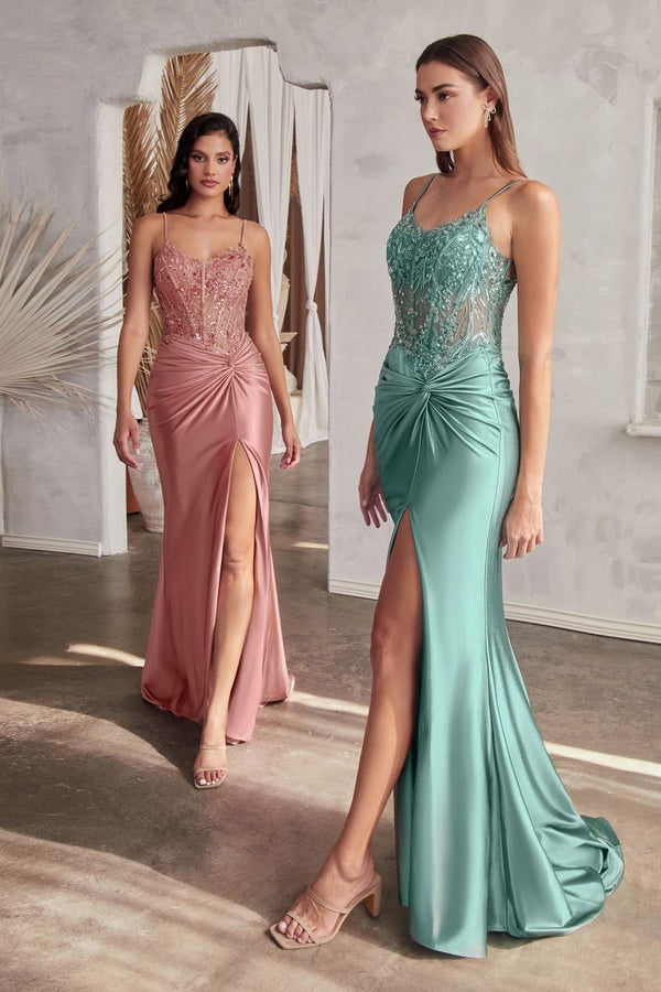 Fitted Satin Gown With Embellished Bodice-0