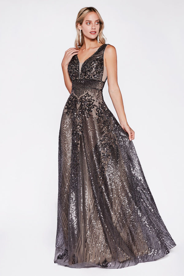 A-Line Gown With Sequin Geometric Pattern And Open Back.-0