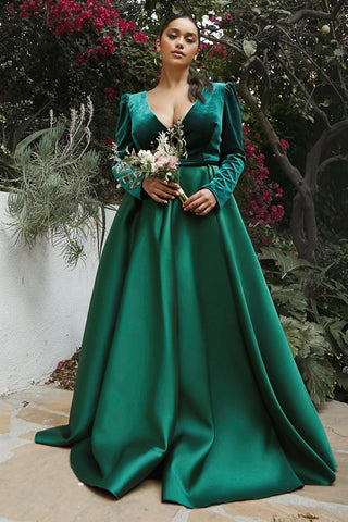 Long Sleeve Velvet And Mikado Ball Gown-1