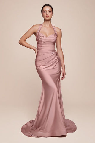 Stetch Satin Halter Fitted Dress-5