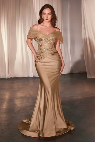 Fitted Satin & Lace Gown With Off The Shoulder Accessory-2