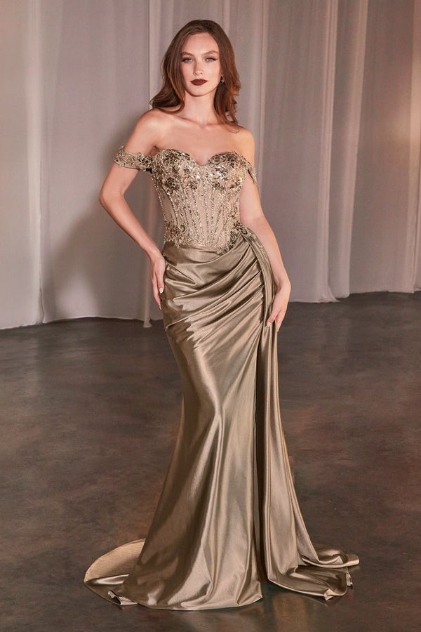 Off The Shoulder Lace & Satin Fitted Gown-6