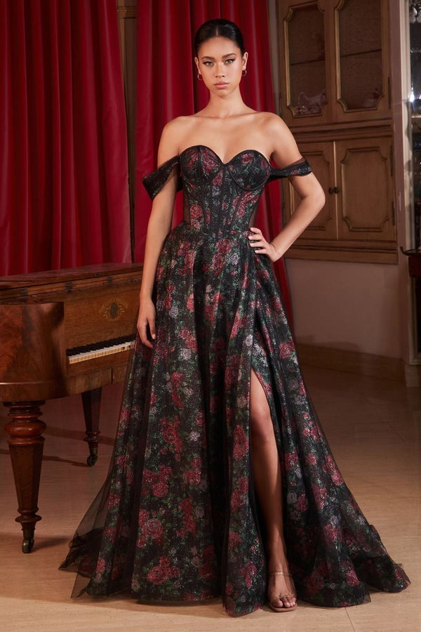 Black Off The Shoulder Ball Gown With Floral Underlay-0