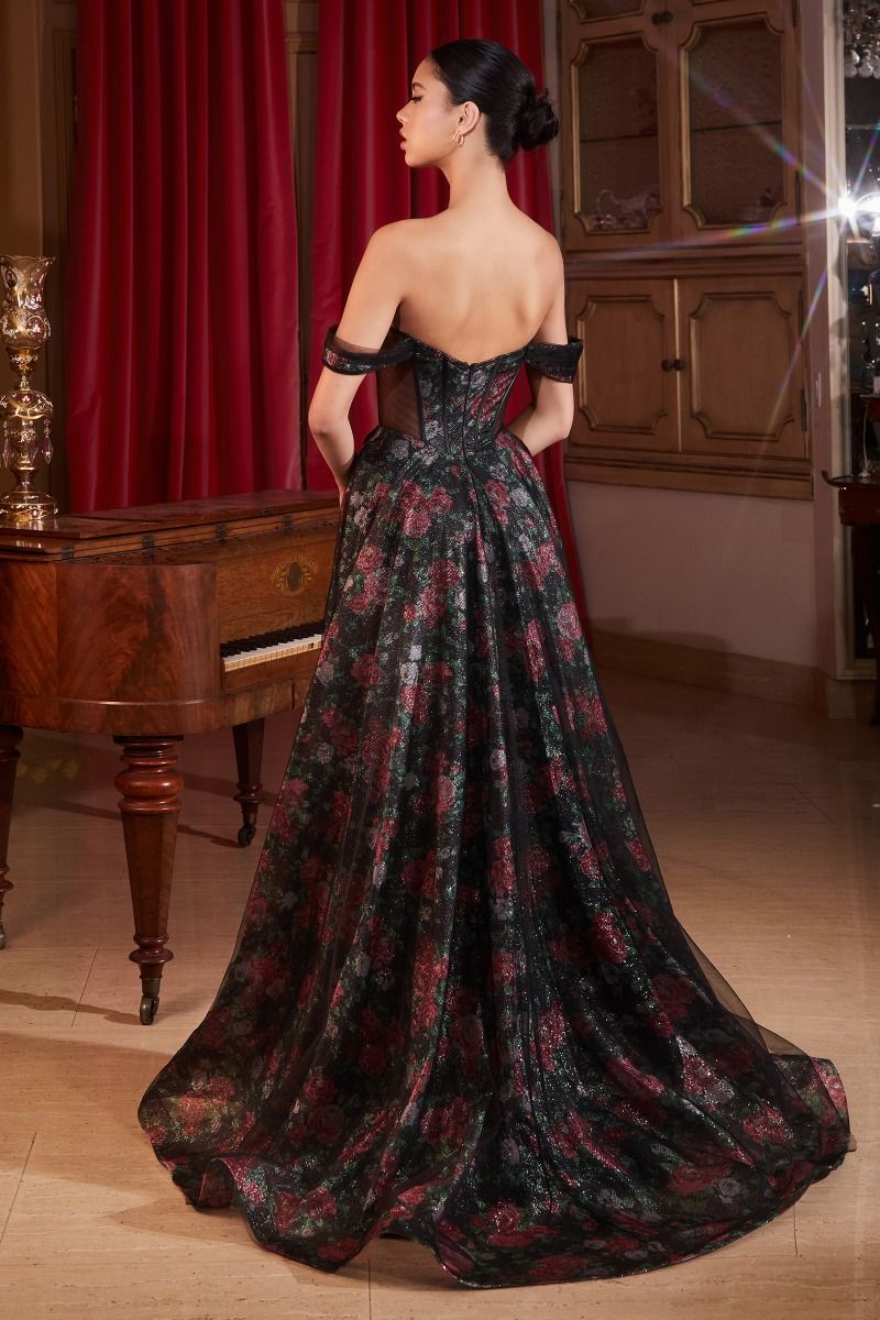 Black Off The Shoulder Ball Gown With Floral Underlay-2