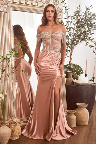 Embellished Off The Shoulder Satin Gown-4