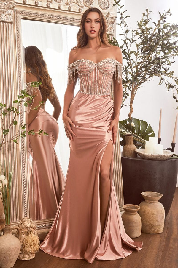 Embellished Off The Shoulder Satin Gown-4