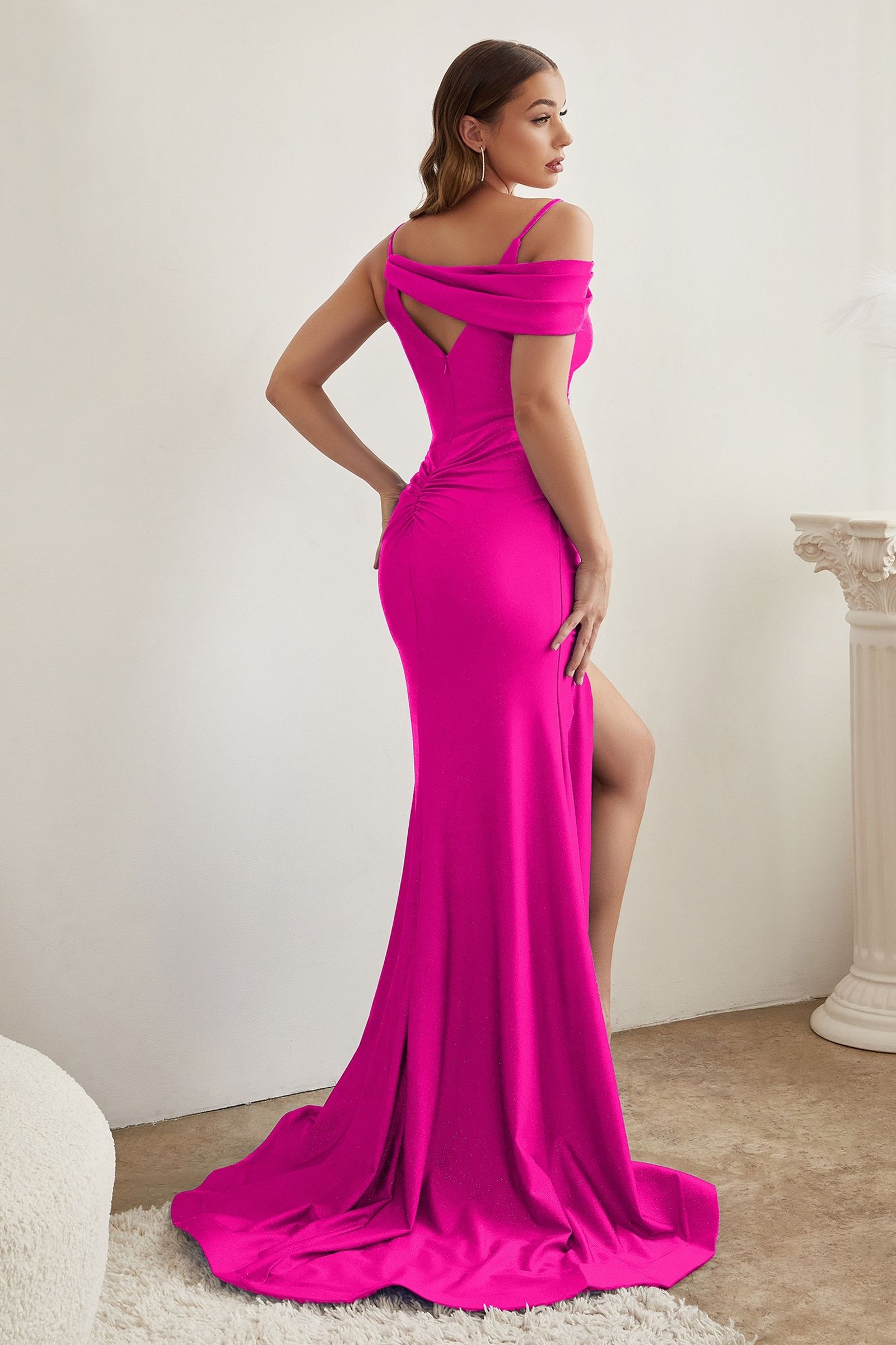 Asymmetrical Shoulders Stretch Satin Fitted Gown-1