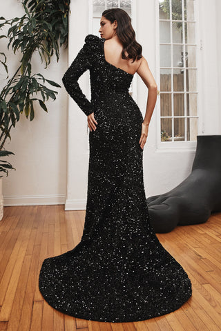 One Shoulder Long Sleeve Fitted Sequin Gown-1