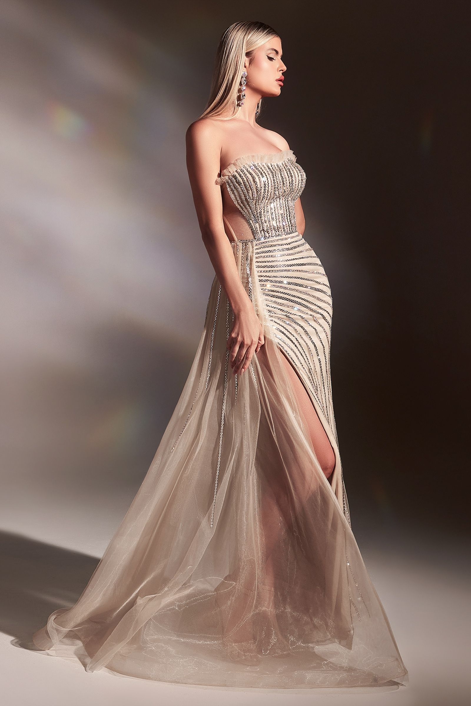 Fitted Nude Gown With Right Side Overskirt And Rhinestone Details-2