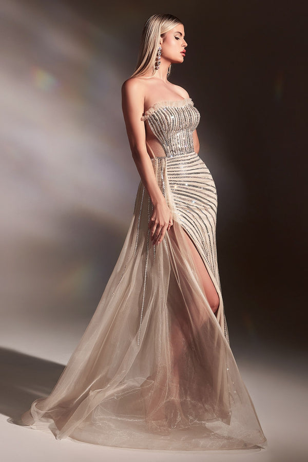 Fitted Nude Gown With Right Side Overskirt And Rhinestone Details-2