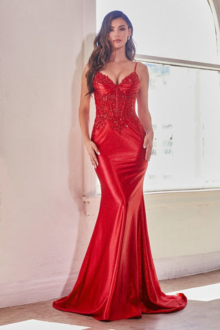 Fitted Glitter & Lace Stretch Satin Gown-3