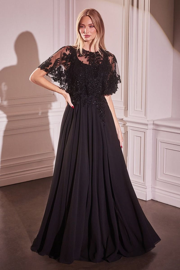 Chiffon A-Line Beaded Lace Bodice Dress With Removable Cape-0