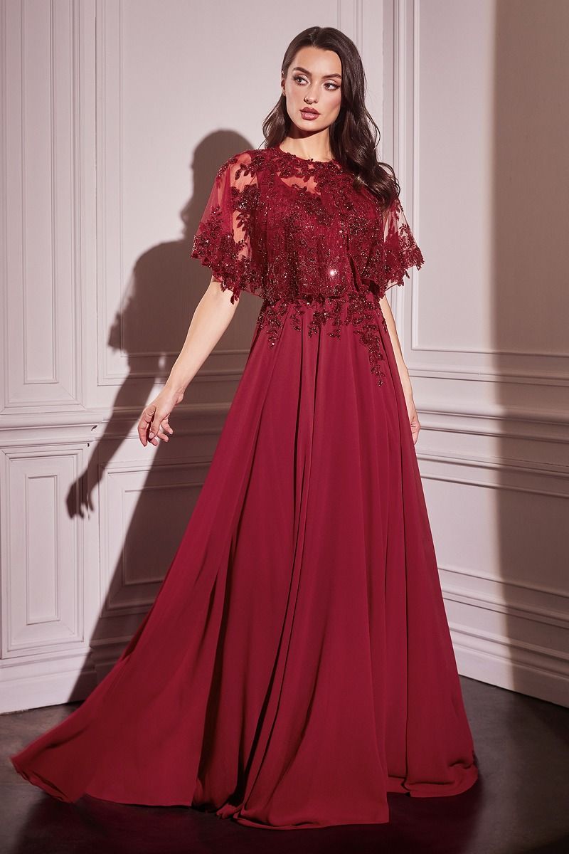 Chiffon A-Line Beaded Lace Bodice Dress With Removable Cape-5