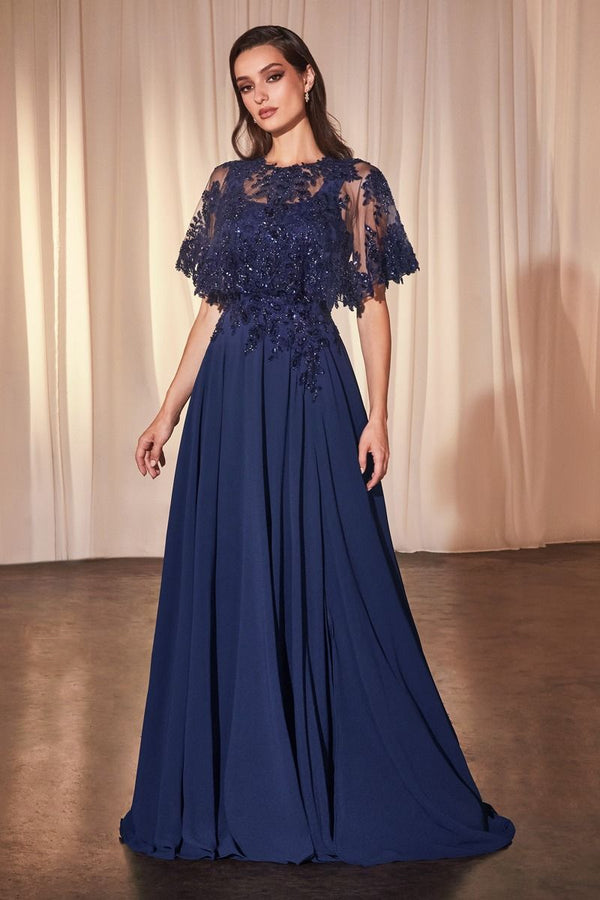 Chiffon A-Line Beaded Lace Bodice Dress With Removable Cape-3