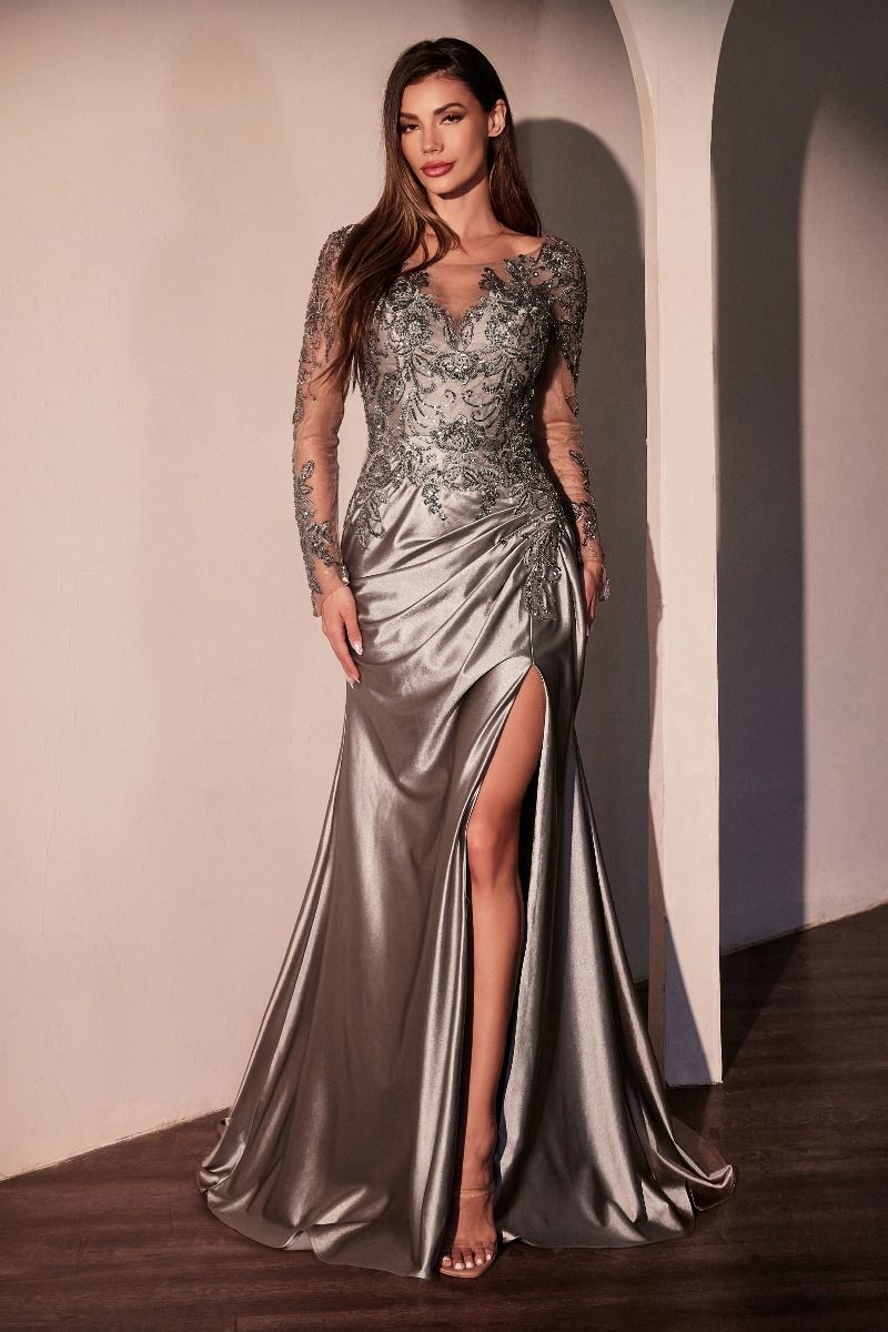 Lace Long Sleeve Satin Fitted Gown-1