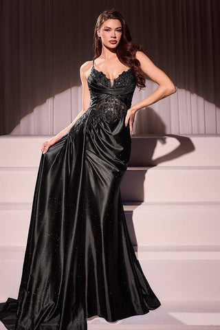 Fitted Satin & Lace Evening Gown-0