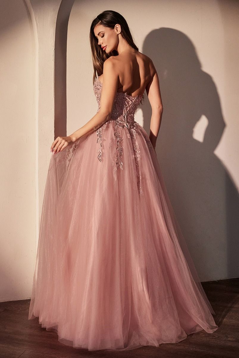 Strapless Pink Ball Gown With Floral Applique-0