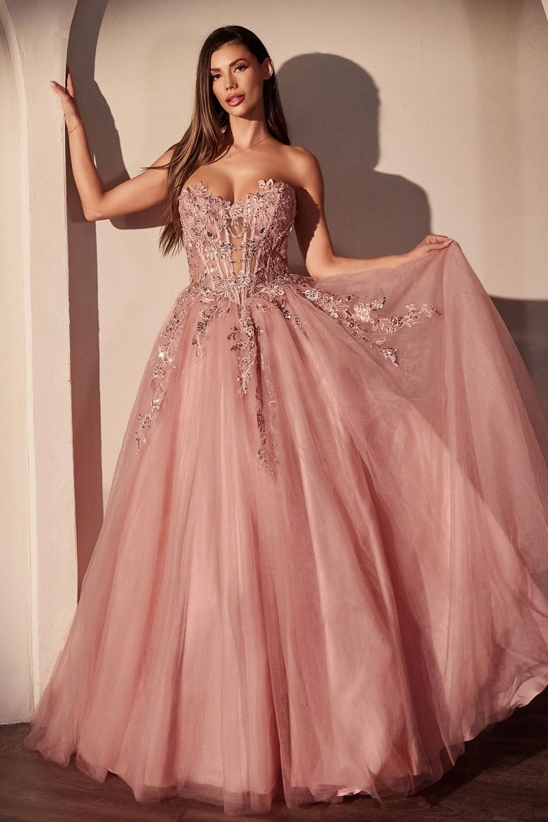 Strapless Pink Ball Gown With Floral Applique-1