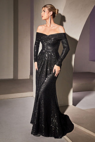 Sequin Off The Shoulder Long Sleeve Gown-0