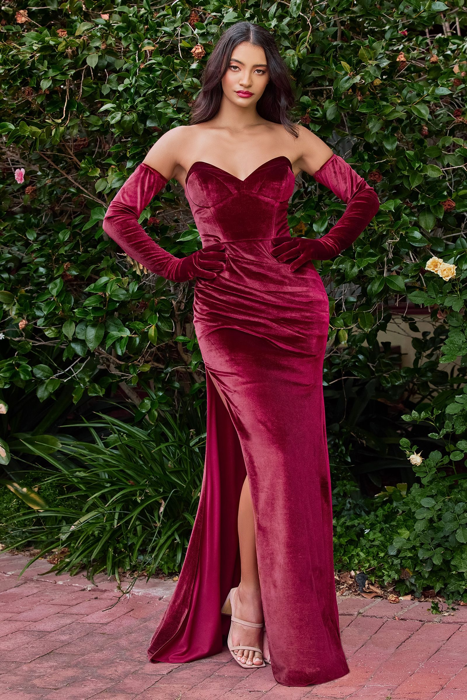 Velvet Strapless Fitted Gown With Gloves-4