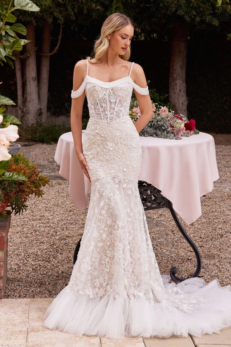 Of The Shoulder Fitted Lace Bridal Gown-0