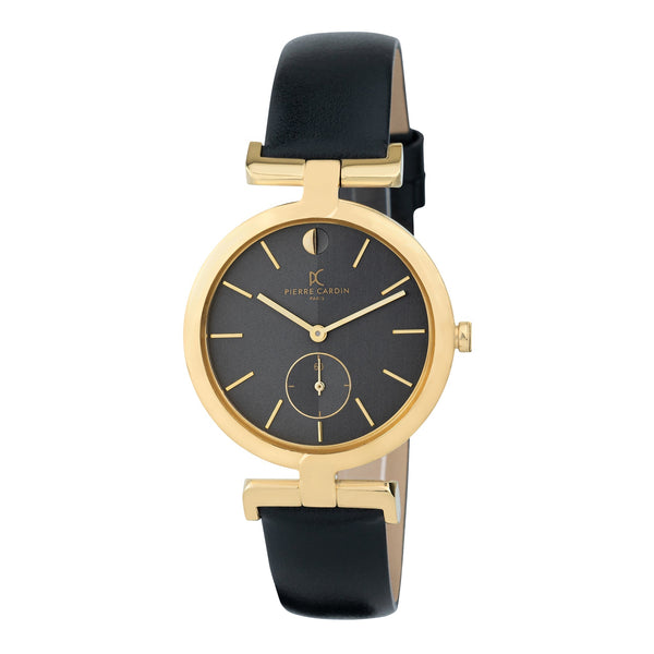 PIERRE CARDIN Women's Watch with Gold Stainless Steel Case and Black Leather Band-0