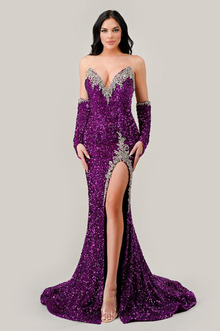 Strapless Sequin Gown With Matching Gloves-1