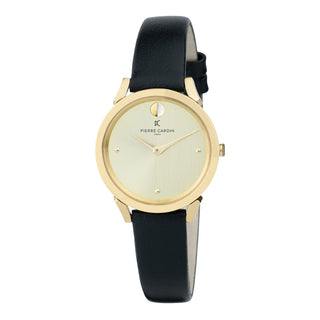 PIERRE CARDIN Women's Watch with Gold Stainless Steel Case and Black Leather Band-0