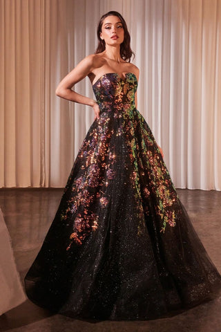 Strapless Floral Appliqued Black Ball Gown-1