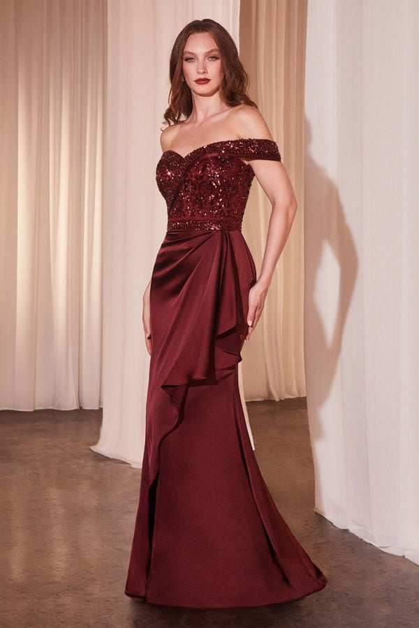 Off The Shoulder Satin & Beaded Gown-0