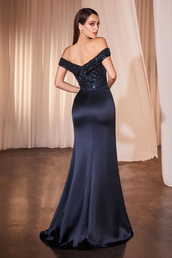 Off The Shoulder Satin & Beaded Gown-3