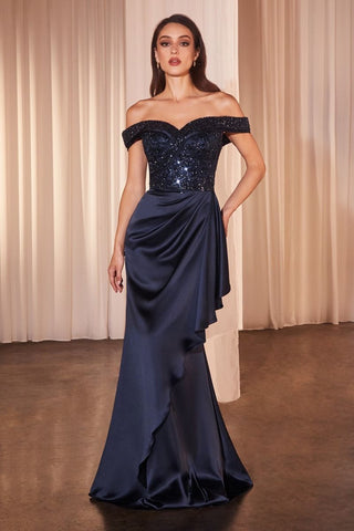 Off The Shoulder Satin & Beaded Gown-2