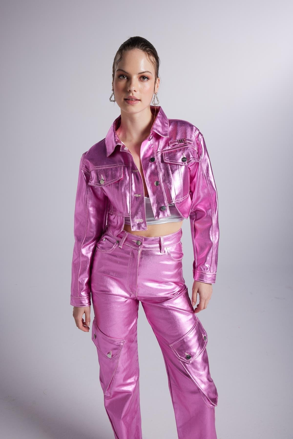 Metallic Pink Glossy Millen Cropped Jacket-3