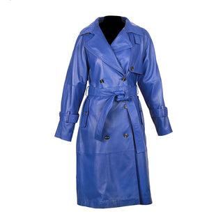 Milly Women's Leather Double Breasted Long Coat Blue-0