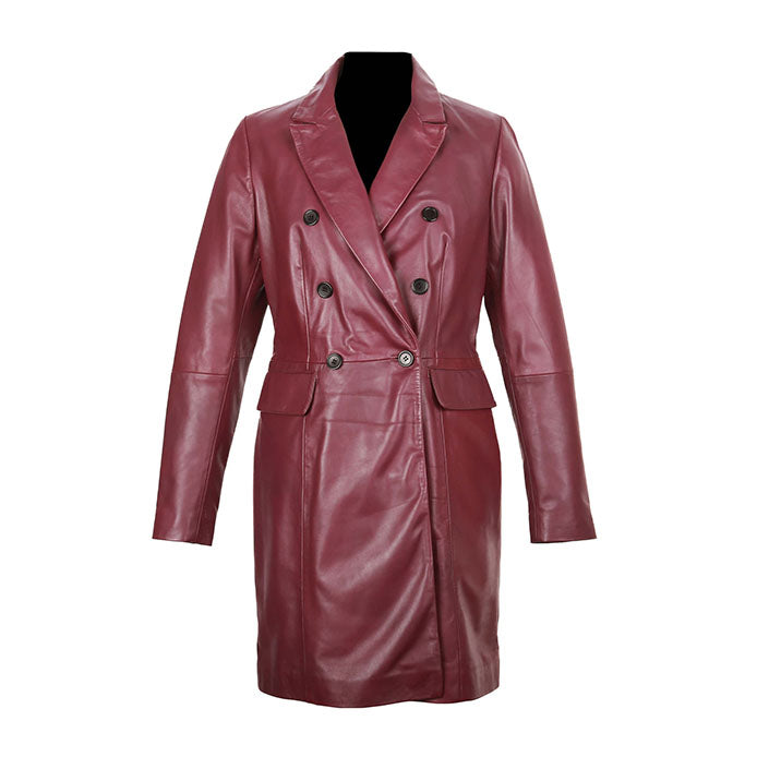 Sophia Women's Real Leather Double Breasted Coat Red-0