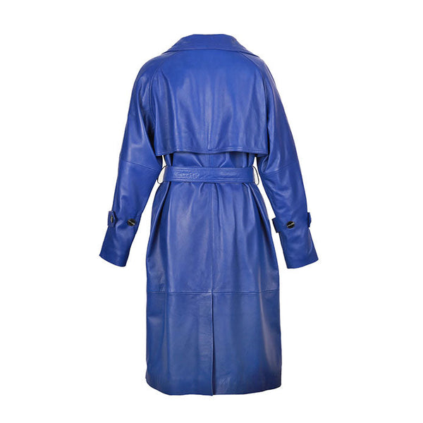 Milly Women's Leather Double Breasted Long Coat Blue-1