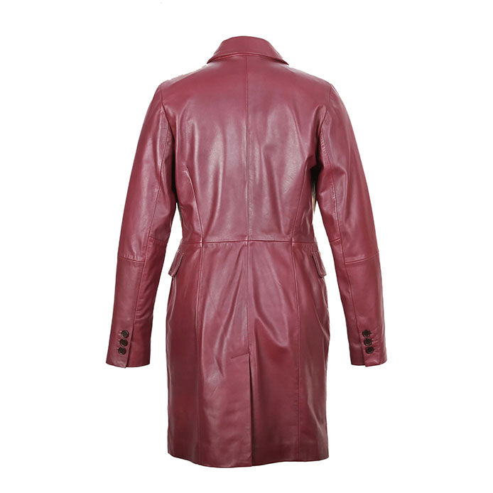 Sophia Women's Real Leather Double Breasted Coat Red-1