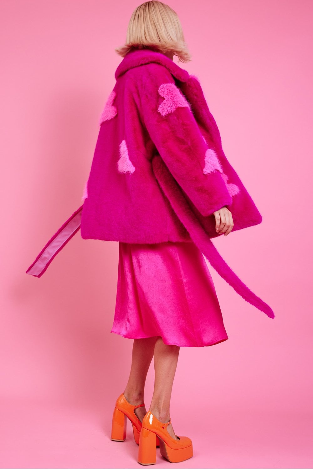 Pink Eco Bamboo Faux Fur Coat with Love Heart Detailing-2