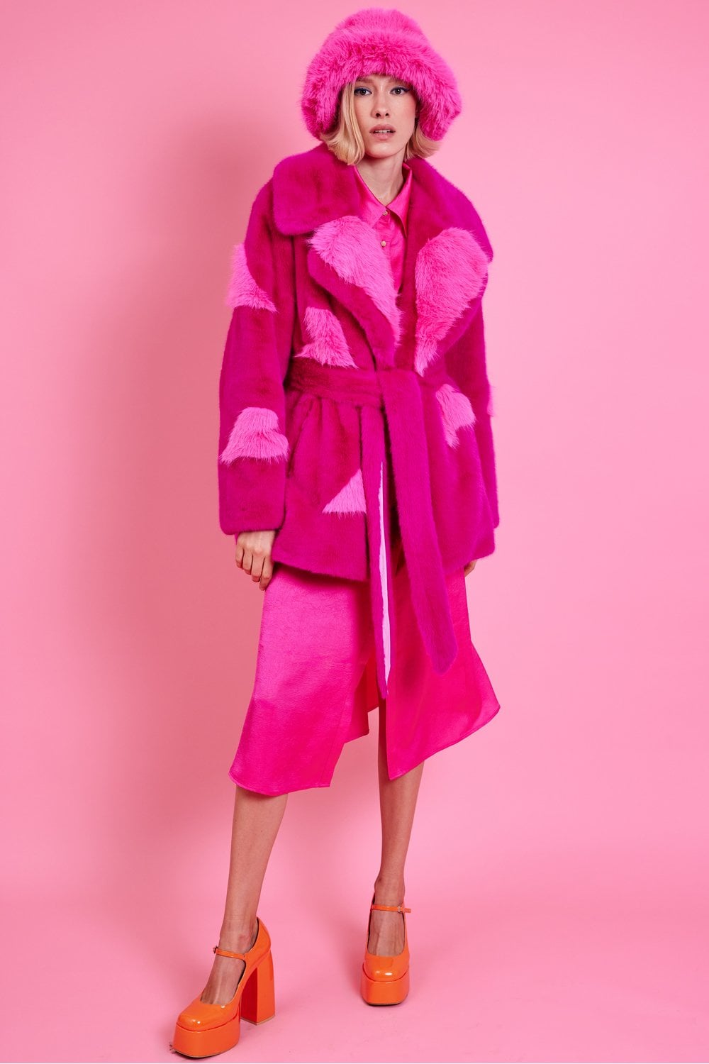 Pink Eco Bamboo Faux Fur Coat with Love Heart Detailing-3