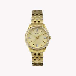 TIMEX CUSHION GOLD-TONE WATCH - GLAMOROUS TIMEPIECE WITH CRYSTAL ACCENTS AND STUNNING GOLD DIAL-0